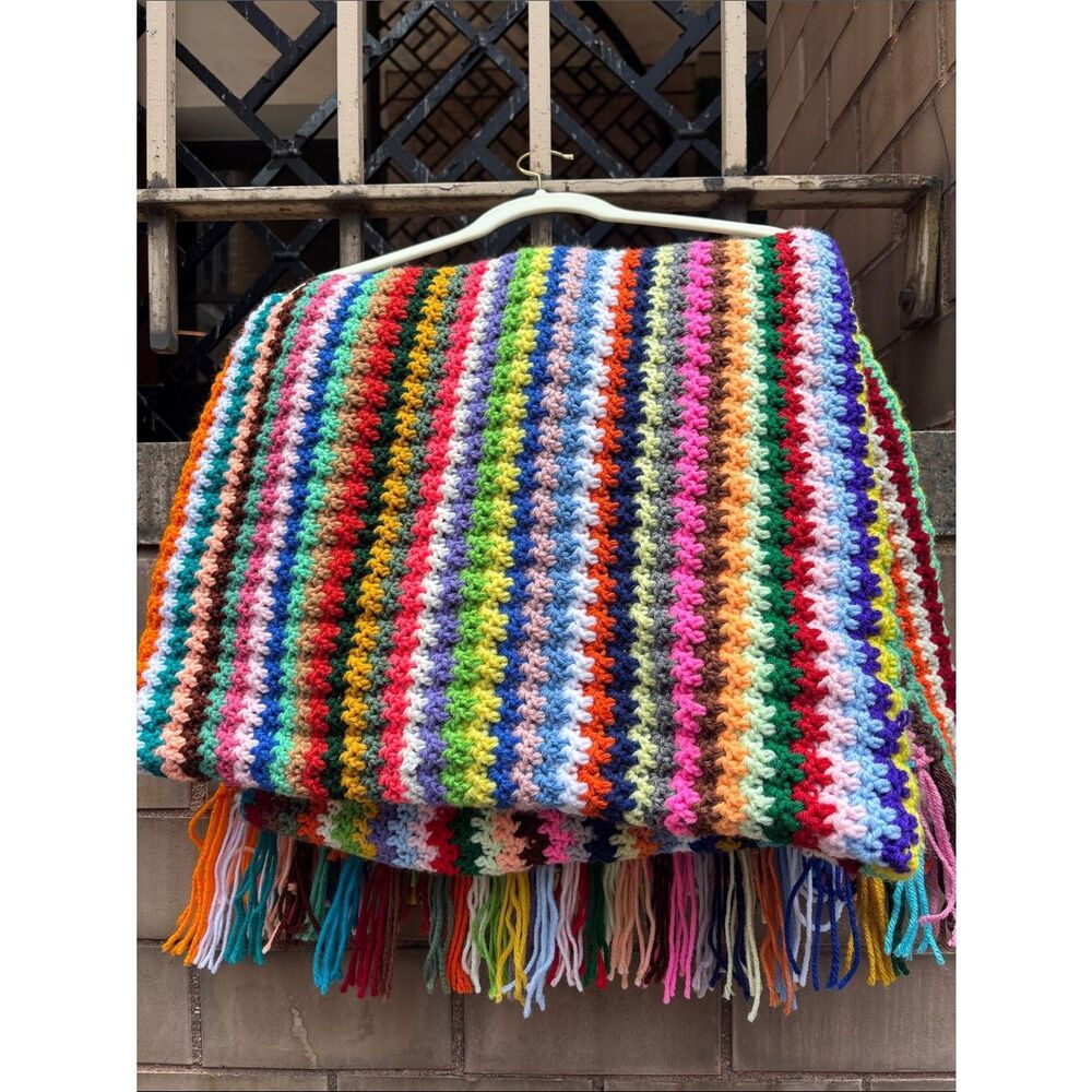 Vintage Handmade Afghan Multicolor Crochet Blanket with Fringe 62in x 37in